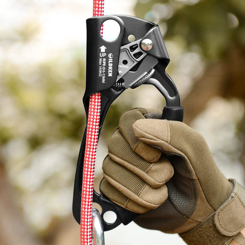 Go-To Climbing Hand Ascender For 8-13mm Rope Left Or Right Hand Durable Aluminum Mountaineering Gear Tool in use outdoors.