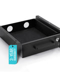 No Fuss Under Desk Slide Out Drawer With Lockable Metal Organizer And Smart Cable Routing For Clean Home Office Setup Matte Black Heavy Duty Carbon Steel Console showing key lock and cable holes.