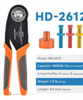 Iwiss Deutsch Crimping Tool For Solid Contacts Size 12 16 20 with model HD-2612, capacity AWG26-12, weighs 1.5 lb, ideal for automotive wiring.