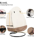 Patio Hanging Egg Chair Cover Waterproof Heavy Duty Outdoor Double Seat Swing Cover with beige and brown design, fitted on chair.
