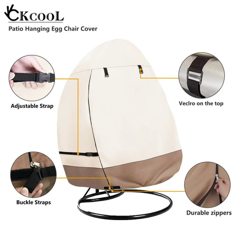 Patio Hanging Egg Chair Cover Waterproof Heavy Duty Outdoor Double Seat Swing Cover with beige and brown design, fitted on chair.