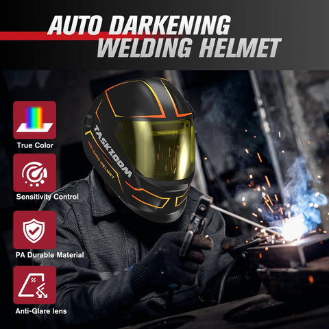 Auto Darkening Welding Helmet With Large Viewing Area And True Color Lens, Four Arc Sensors shown during welding