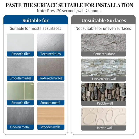 Installation surface guide for Under Cabinet Paper Towel Holder, showing suitable and unsuitable surfaces with types like tiles and brick walls.