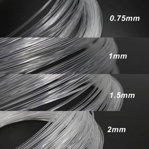 Different sizes of transparent End Glow PMMA Fiber Optic Roll Cable, including 0.75 millimeter diameter, for starlight kits decor.
