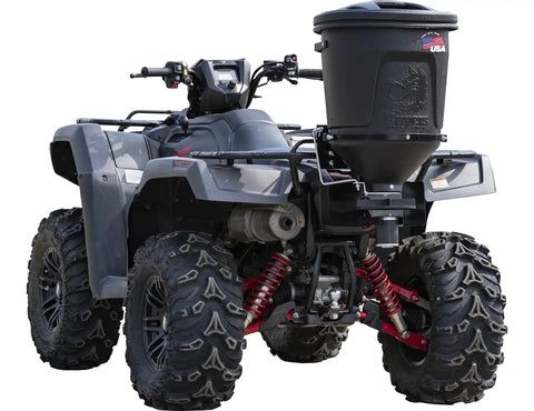 ATV All Purpose Broadcast Spreader With 15 Gallon Hopper For Seed Fertilizer Rock Salt And Deer Feed 12 Volt Motor Vertical Mount