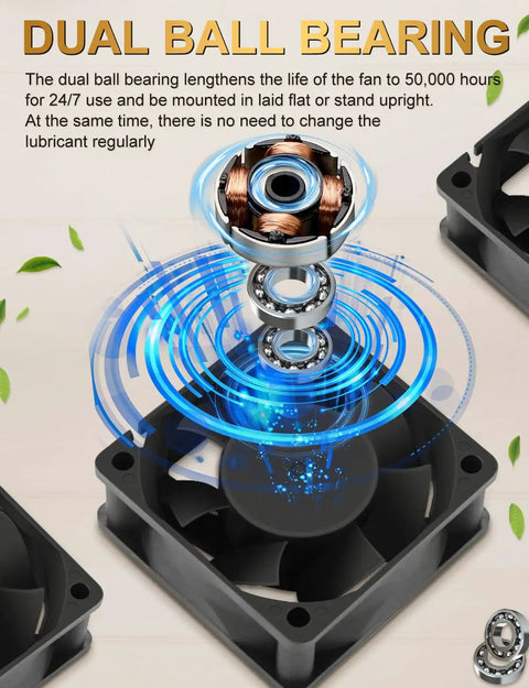 Slick Compact EC Cooling Fan 120V With Dual Ball Bearing showing inner mechanism and fan design for smooth airflow.