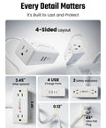 Close-up of 3 Ft Short Extension Cord Surge Protector Power Strip 8 In 1 with 4 AC outlets and USB ports in 4-sided layout.