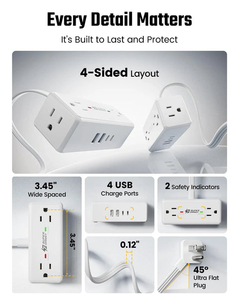 Close-up of 3 Ft Short Extension Cord Surge Protector Power Strip 8 In 1 with 4 AC outlets and USB ports in 4-sided layout.