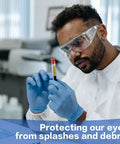 Clear Safety Glasses Over Eyeglasses 12 Pack Anti Fog Scratch Resistant Eyewear worn by scientist in lab environment