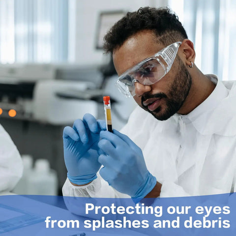 Clear Safety Glasses Over Eyeglasses 12 Pack Anti Fog Scratch Resistant Eyewear worn by scientist in lab environment