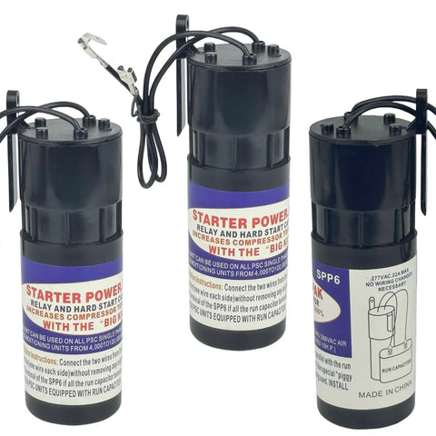 Hard Start Kit For Air Conditioners 3 Pack, Universal 115V-288VAC Replacement, 4000 To 120000 uF shown in black casings