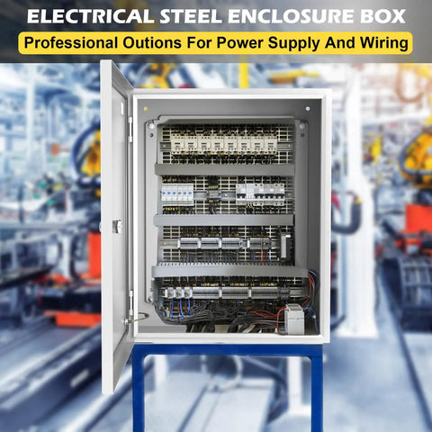 Heavy Duty Outdoor Electrical Junction Box With Boss Level Steel Construction And Legit IP66 Waterproof Seal Plus Powder Coated Shell For Hassle Free Wall Mount Setup And Bulletproof Circuit Protection On Any Jobsite, viewed opened showing wiring.