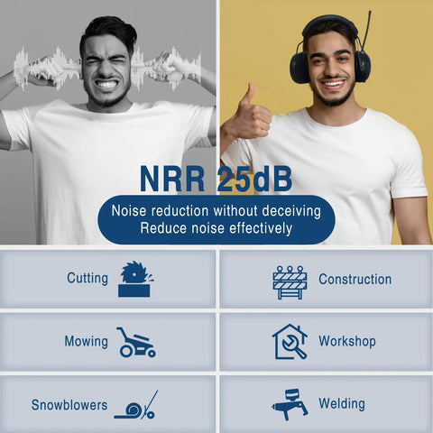 AM FM Radio Headphones With Digital Display Dope Sound Noise Reduction Earmuffs Comfortable Hearing Protector Bluetooth 5.4 Built In Microphone For Hands Free Calls displayed with noise reduction features and use cases for cutting, construction, mowing, workshop, snowblowers, and welding