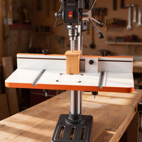 Rock Solid Drill Press Table With Adjustable Fence And Wide T Slots For Locking Down Projects Dead Nuts Precise MDF Worktop showcasing a drill press table with an orange and silver frame.