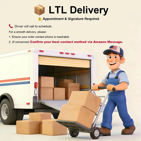 LTL Delivery notice with a character unloading boxes from a truck, emphasizing appointment and signature requirements.