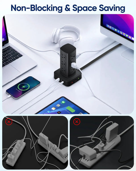 Straight Up Essential Heavy Duty Vertical Power Strip Tower With Twelve AC Outlets And Four USB Ports features non-blocking design and space-saving layout.