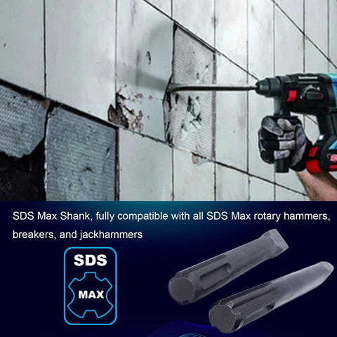 18 Inch SDS Max Chisel Set Heavy Duty Pro Grade being used on tiles with SDS Max hammer, includes point and flat chisels.