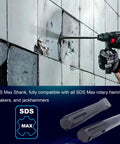 16 Inch SDS Max Hammer Drill Chisel Set With 1 Inch Flat And Point Chisels For Beefy Concrete Demolition And Tile Removal Fits All SDS Max Rotary Hammers Made From 40Cr Alloy Steel being used on tiled wall