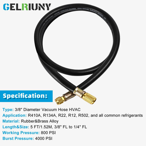 Gelriuny 3/8- to 1/4-inch vacuum hose with brass fittings, 5 ft, 800 PSI working pressure front view