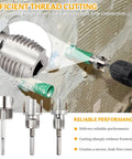 All In One Pipe Threader Kit For One Half, Three Quarter And One Inch PVC Pipes With Internal And External Dies, Hex Shank Thread Cutting Tool For Leak Proof Plumbing No Tool Swapping For Gas And Irrigation Projects, shown with dies and drill attachment.