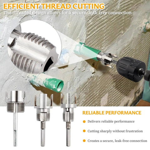 All In One Pipe Threader Kit For One Half, Three Quarter And One Inch PVC Pipes With Internal And External Dies, Hex Shank Thread Cutting Tool For Leak Proof Plumbing No Tool Swapping For Gas And Irrigation Projects, shown with dies and drill attachment.