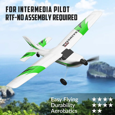 Beginner Friendly RC Plane Trainer 3CH Remote Control Airplane With Prop Saver 6 Axis Gyro Stabilizer And 3 Flight Modes For Easy Aerial Fun 400mm Green RTF Hobby Aircraft in flight above cliffs and ocean