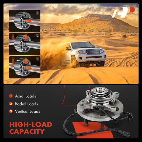 Front Wheel Bearing And Hub Assembly Pair With ABS For 2011 2014 Ford F 150 Expedition And Lincoln Navigator 6 Lug 4WD Only Drop In Ready Direct Fit High Load Capacity For Smooth Quiet Ride Bolt Right In displayed in desert landscape with load diagrams