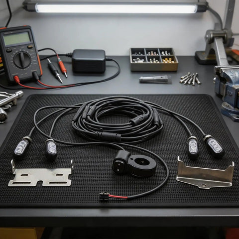 Rock Your Night Ride With This Super Bright 12 Volt E Bike Headlight Kit Featuring IP65 Waterproof Gears And Secure Snap Mount For Glowing 200 Lm LED Visibility So You Can Cruise Safe In Any Weather Without A Flak. 12V LED kit with cable, mounts, and switch on workbench