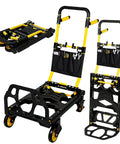 Heavy-duty folding hand truck cart with retractable handle and 330 lb capacity, shown in folded and extended positions.