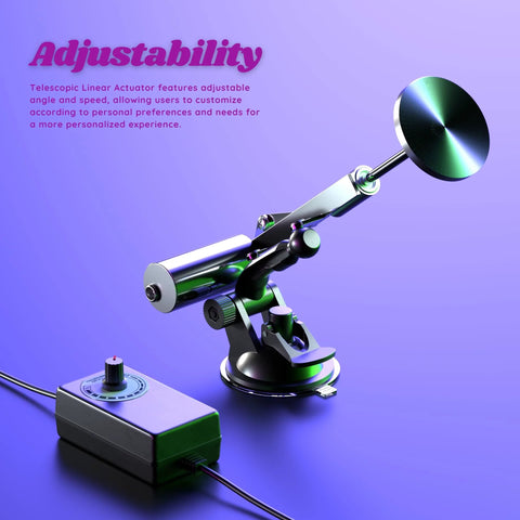 Side view of Mefape 20N mini linear actuator with 39mm stroke, mounted on an arm with a control box.