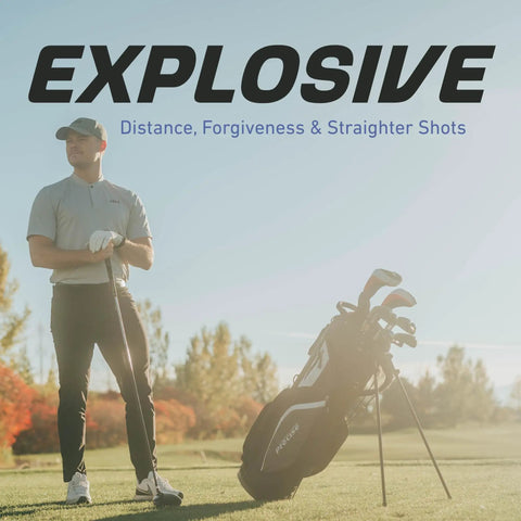 Golfer standing next to M5 Mens Golf Set With Driver Fairway Wood Hybrid Irons 5 PW Putter Stand Bag And 3 Headcovers All Graphite Shafts
