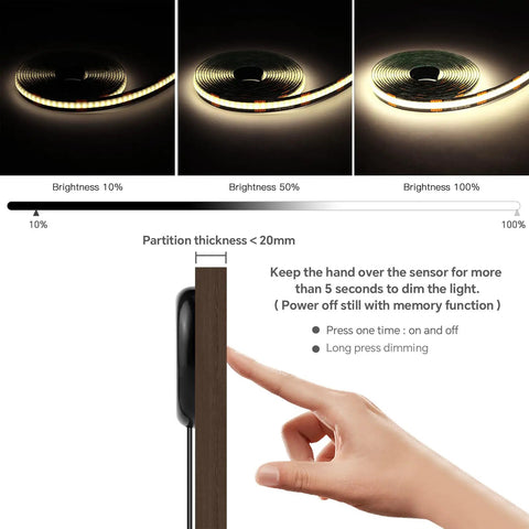 12V LED Cabinet Lighting Kit 10pcs Self-Adhesive Cuttable 6.56Ft 4000K demonstrating brightness levels and control sensor operation.