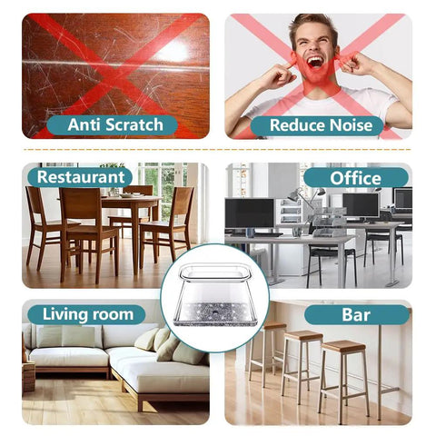24 Pcs Rectangle Chair Leg Floor Protectors Silicone Felt Pads For Hardwood Floors, showing uses in restaurant and office settings