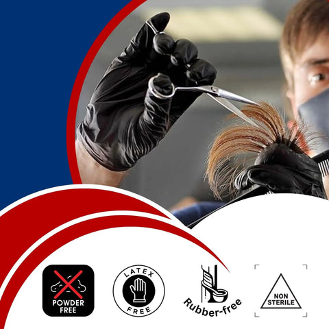 Industrial Black Nitrile Gloves Heavy Duty Disposable With Full Palm Texture For Tough As Nails Grip Sizes M to 2XL shown during haircut