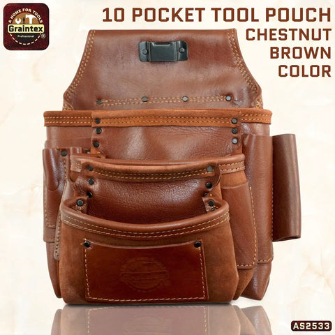Ambassador Series 10 Pocket Framers Tool Pouch Pro Grade Nail And Tool Holder Built For Pros Made From Genuine Top Grain Leather For Framers Electricians Plumbers And Handymen Chestnut Brown, showing multiple pockets and chestnut brown leather.