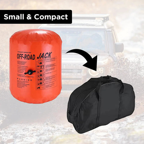 BotaBay 4 Ton Off-Road Air Jack With 8800 Lbs Capacity Inflatable Soft Jack next to a compact carry bag for easy transport.
