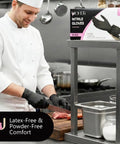 Badass 6 Mil Black Nitrile Gloves, Tough As Nails Heavy Duty Disposable Work Gloves With Unbeatable Textured Grip For Auto Shop Grinds And Weekend Projects, Powder And Latex Free, Case Of 100 used by chef while preparing meat in professional kitchen.