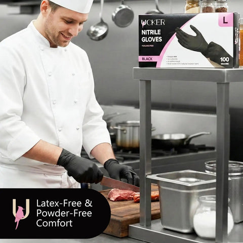 Badass 6 Mil Black Nitrile Gloves, Tough As Nails Heavy Duty Disposable Work Gloves With Unbeatable Textured Grip For Auto Shop Grinds And Weekend Projects, Powder And Latex Free, Case Of 100 used by chef while preparing meat in professional kitchen.