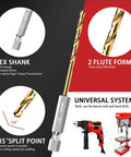 13 Piece Titanium Coated HSS Drill Bit Set With 1 Eighth Inch Twist Hex Shank Pro Grade Quick Change, 135 Degree Tips