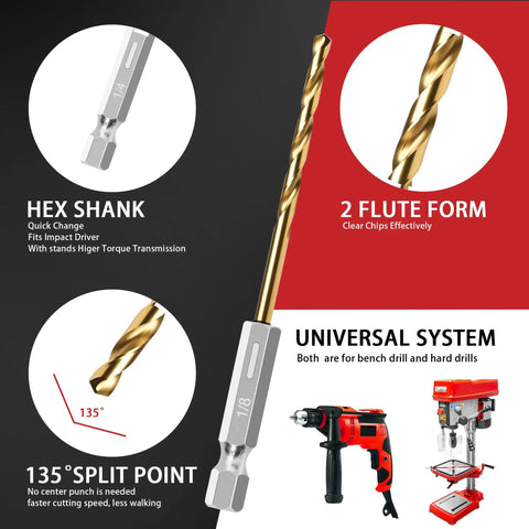 13 Piece Titanium Coated HSS Drill Bit Set With 1 Eighth Inch Twist Hex Shank Pro Grade Quick Change, 135 Degree Tips