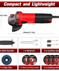 Beast Pro Grade 7.5 Amp Angle Grinder 4 1/2 Inch, 12000 RPM, M14 Thread with accessories shown, including handle and discs