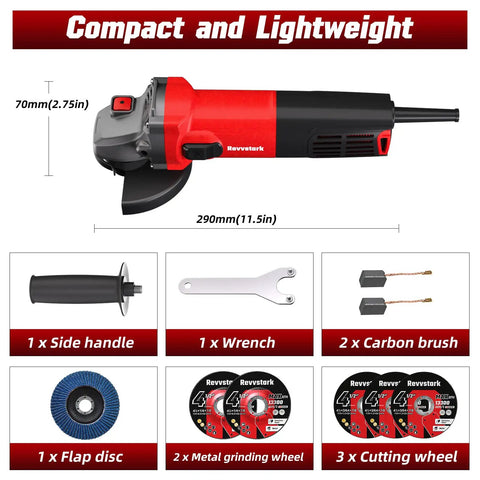 Beast Pro Grade 7.5 Amp Angle Grinder 4 1/2 Inch, 12000 RPM, M14 Thread with accessories shown, including handle and discs