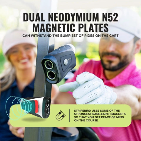 Pro Tour Golf Rangefinder With Slope Technology And Flag Pole Lock Ultra Strength Magnet Laser Range Finder For Accurate Yardage On The Course Black For Precise Readouts Every Time attached to cart with dual N52 magnets