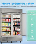 Heavy Duty Commercial Freezer 52 Cubic Feet Capacity Slick Stainless Steel Build ice cream and meat storage with adjustable shelves.