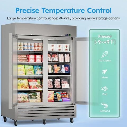 Heavy Duty Commercial Freezer 52 Cubic Feet Capacity Slick Stainless Steel Build ice cream and meat storage with adjustable shelves.