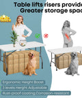 Heavy Duty Carbon Steel Table Leg Extenders Deliver Top Shelf Support For A Quick No Sweat Desk Lift That Kills Back Pain Cold With Simple Height Adjustments Up To Five Point Eight Inches Four Pack on a table with a dog.
