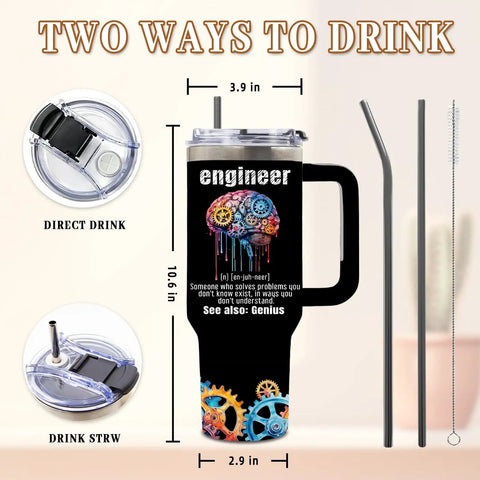Insulated Tumbler 40 Oz For Engineers, Dope Engineer Gift For Men And Women with brain-gears design and two drinking lid options.