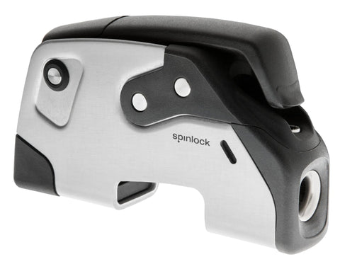 Spinlock XTR rope clutch, silver metal body with black top, angled side view.
