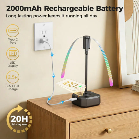 Rechargeable Fly Table Fans With LED Display And Safe Blades 4 Pack for outdoor use, charging feature displayed on a table.