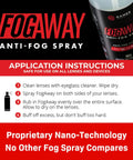 Fog Away Anti Fog Spray with instructions for swim goggles, glasses, and electronics. Silicone-free, no haze formula.